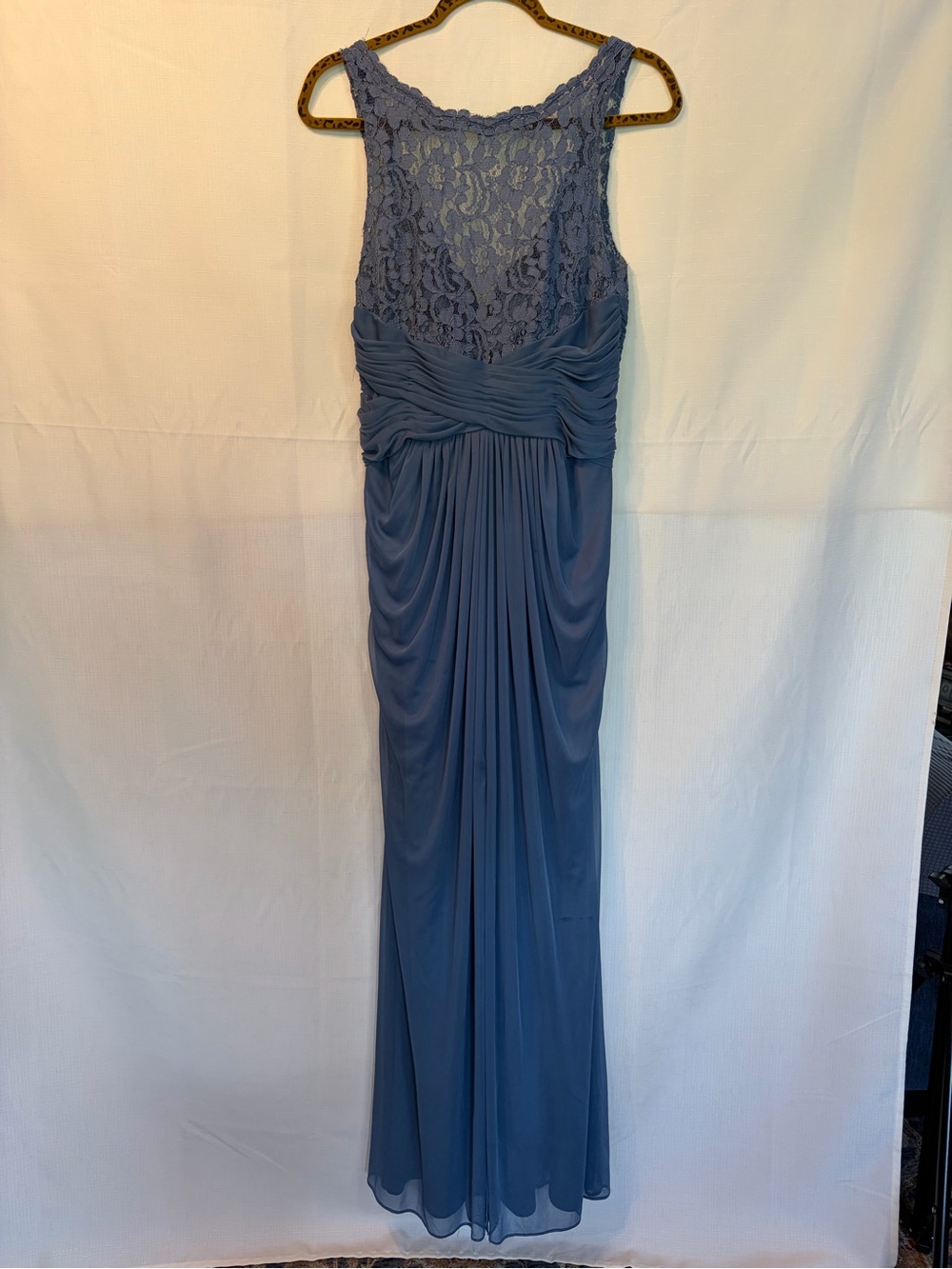David's Bridal Lace-Back Maxi Dress in Dusty Blue